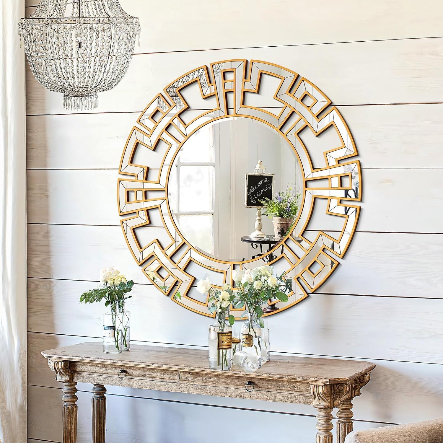 Round Wood Frame Wall Mirror