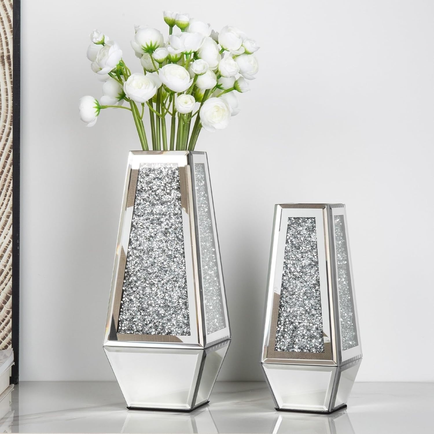 Flower Vase Crushed Diamond Mirrored For Table Planter Set of 2