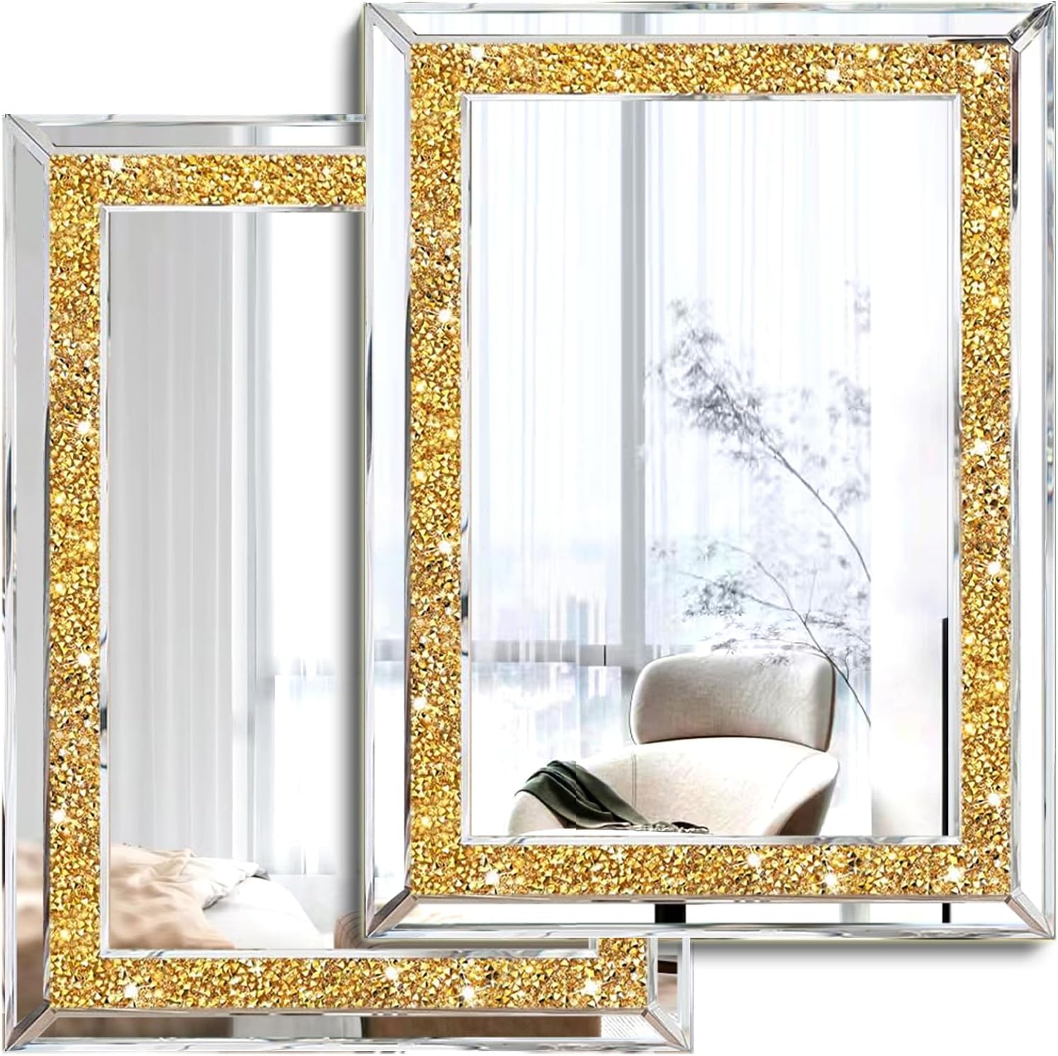 Rectangular Gold Diamond Crush Crystal Mirror