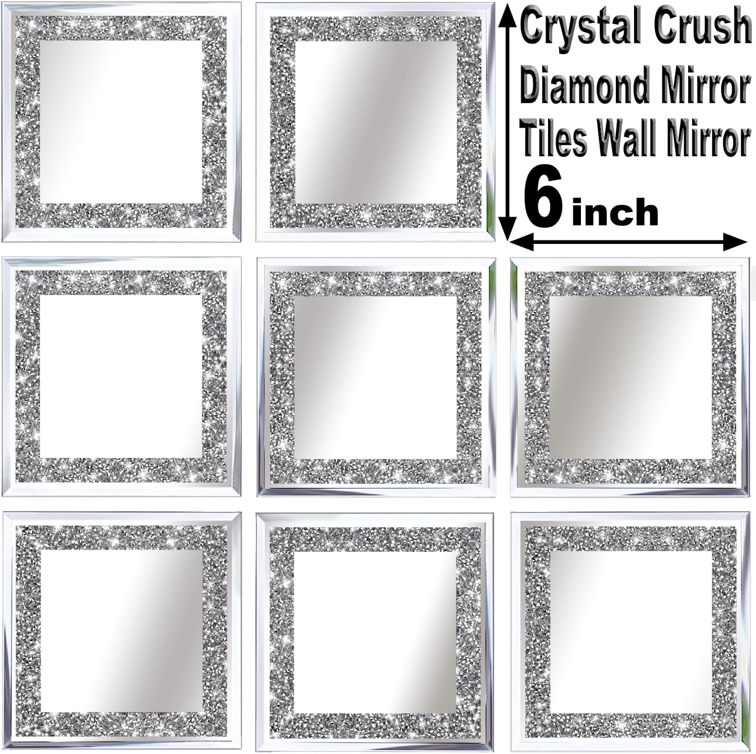 8 Pack Square Silver Diamond Glass Mirrors 6inch