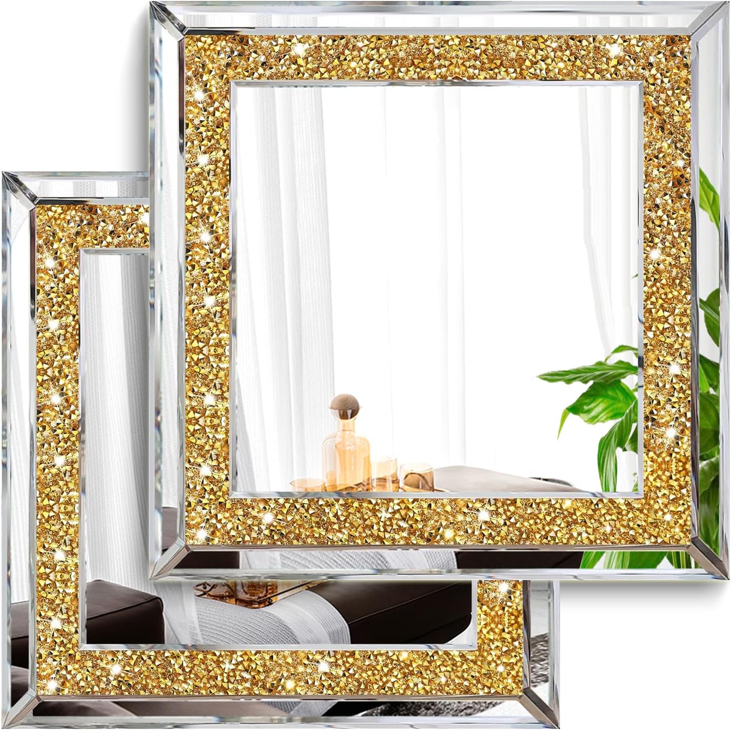 2 Piece Wall Mirrors, Gold Crush Diamond Wall Décor 12x12 inch