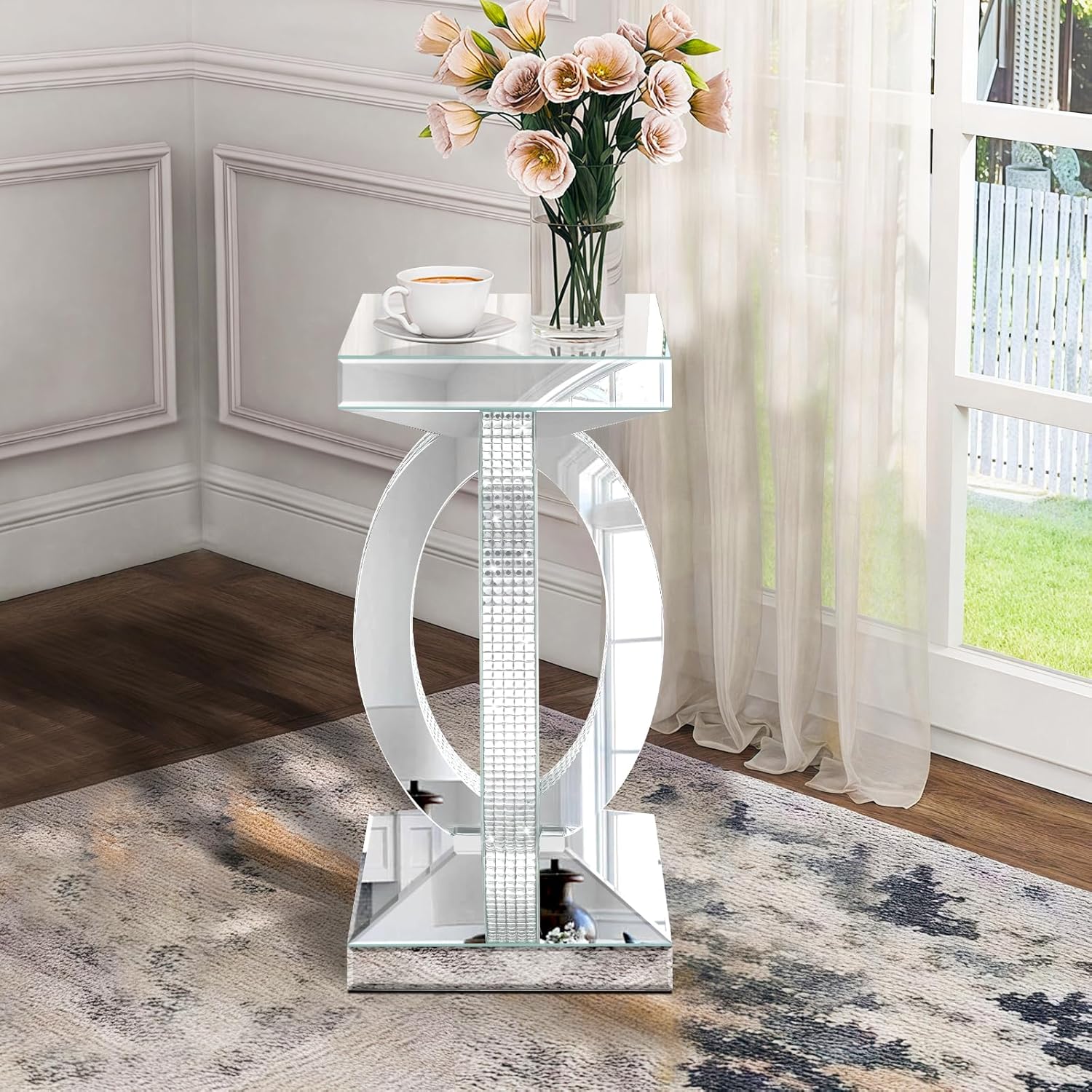 Silver Mirrored End Table with Crystal Inlay