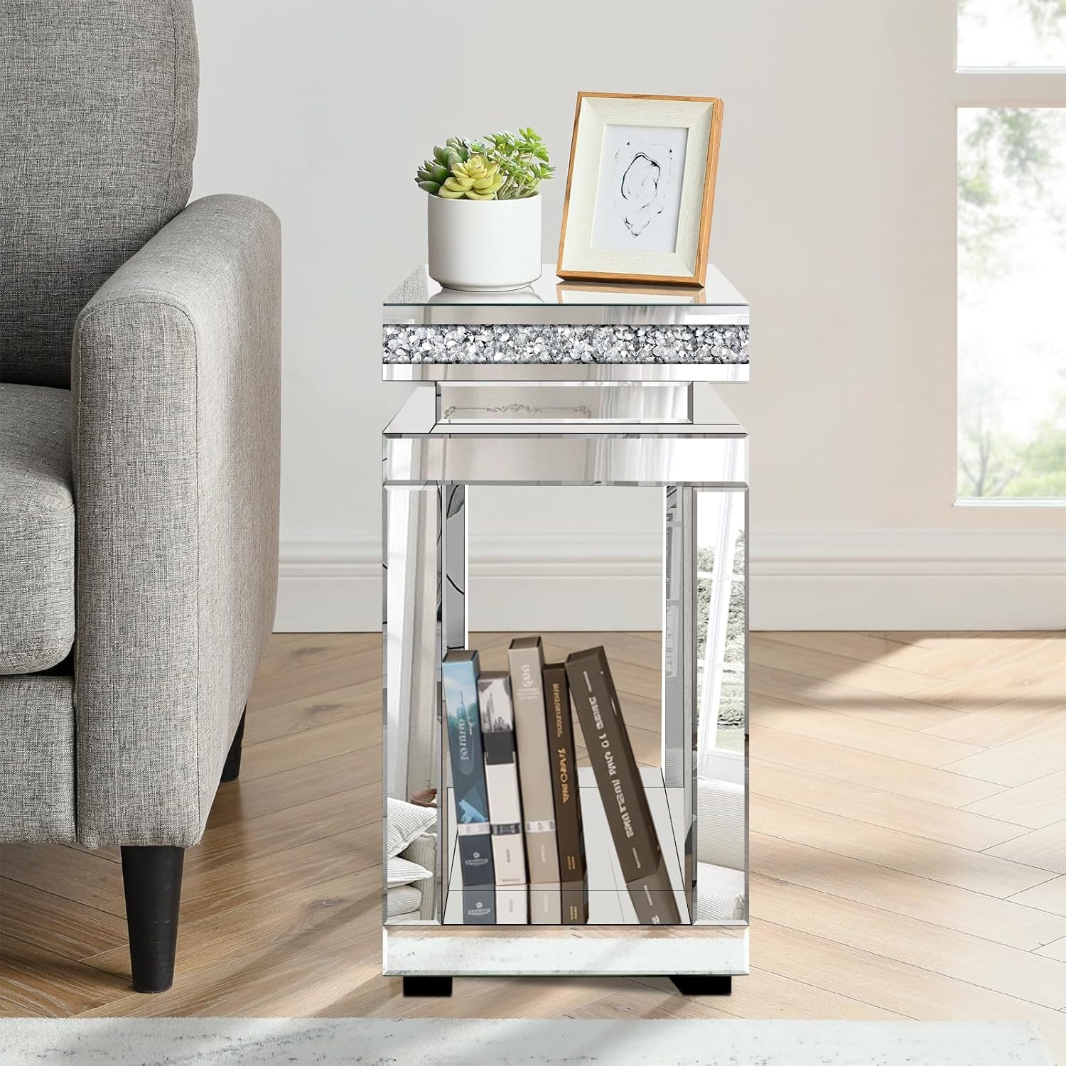 Silver Mirrored End Table, Modern Crushed Diamond