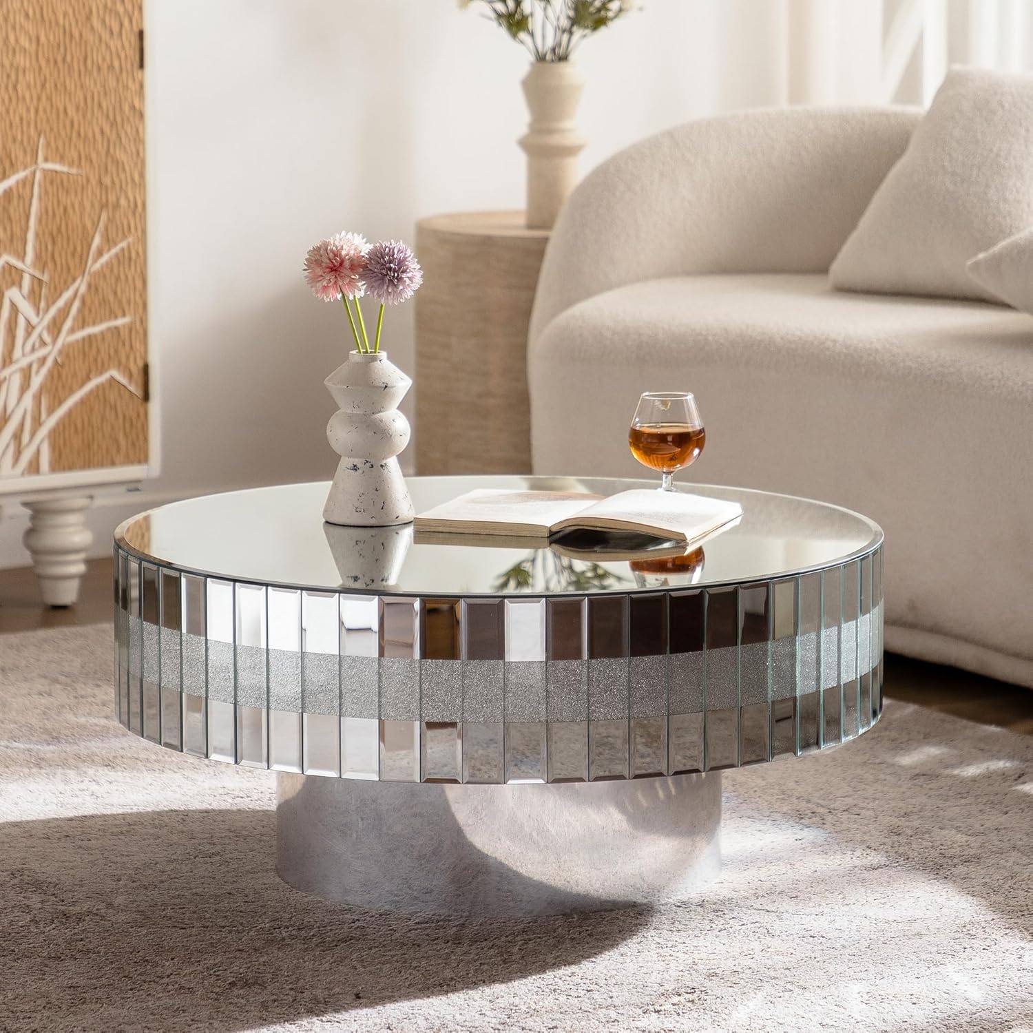 Silver Mirrored Coffee Table, 30.9" Round
