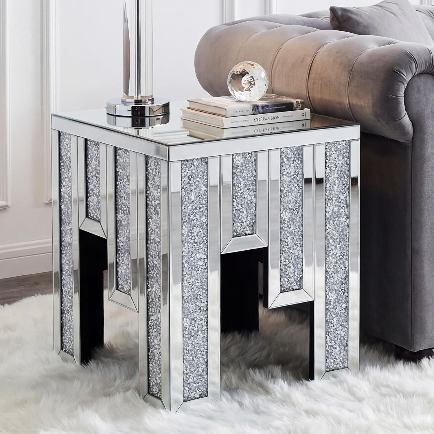Mirrored Accent End Table, Crushed Diamond