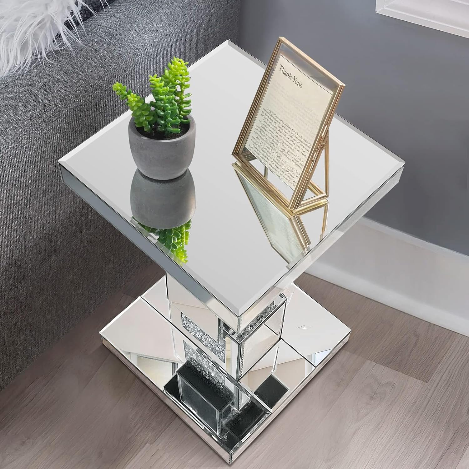 Silver Mirrored End Table With Crystal Inlay