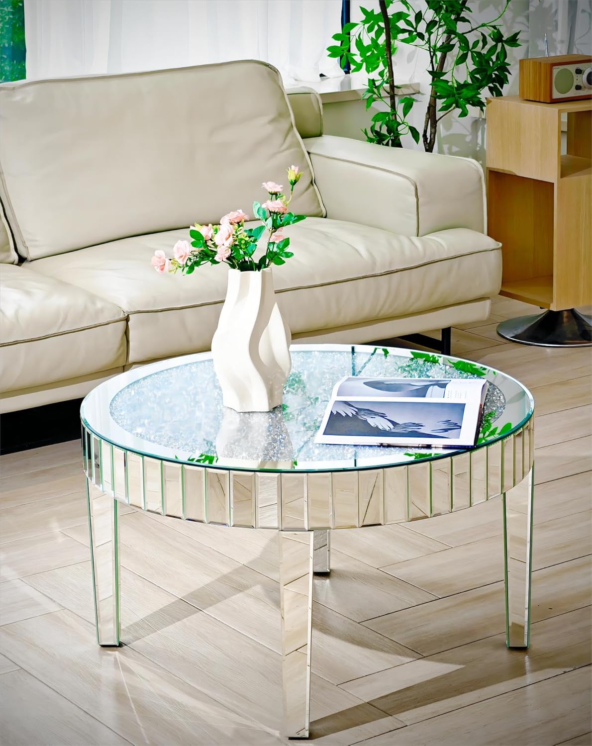 Round Mirrored Diamond Crush Coffee Table