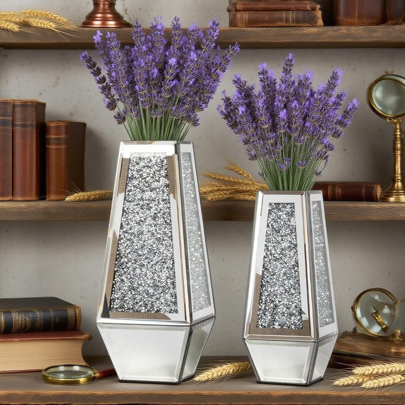Flower Vase Crushed Diamond Mirrored For Table Planter Set of 2