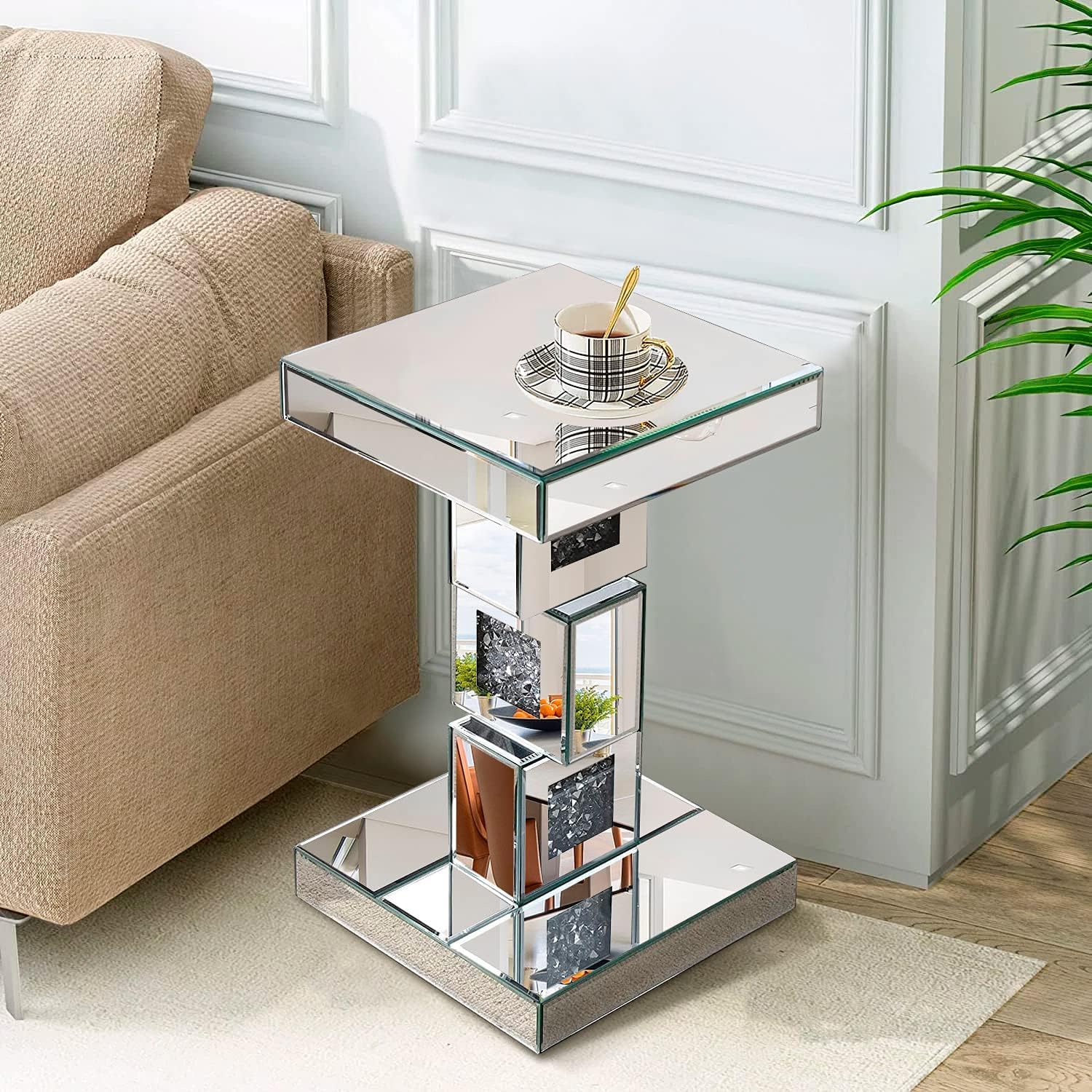 Silver Mirrored End Table With Crystal Inlay