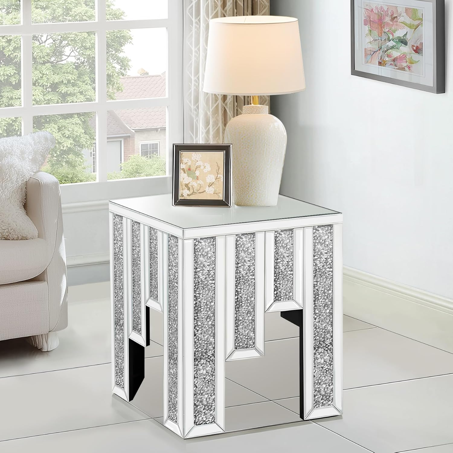 Mirrored Accent End Table, Crushed Diamond
