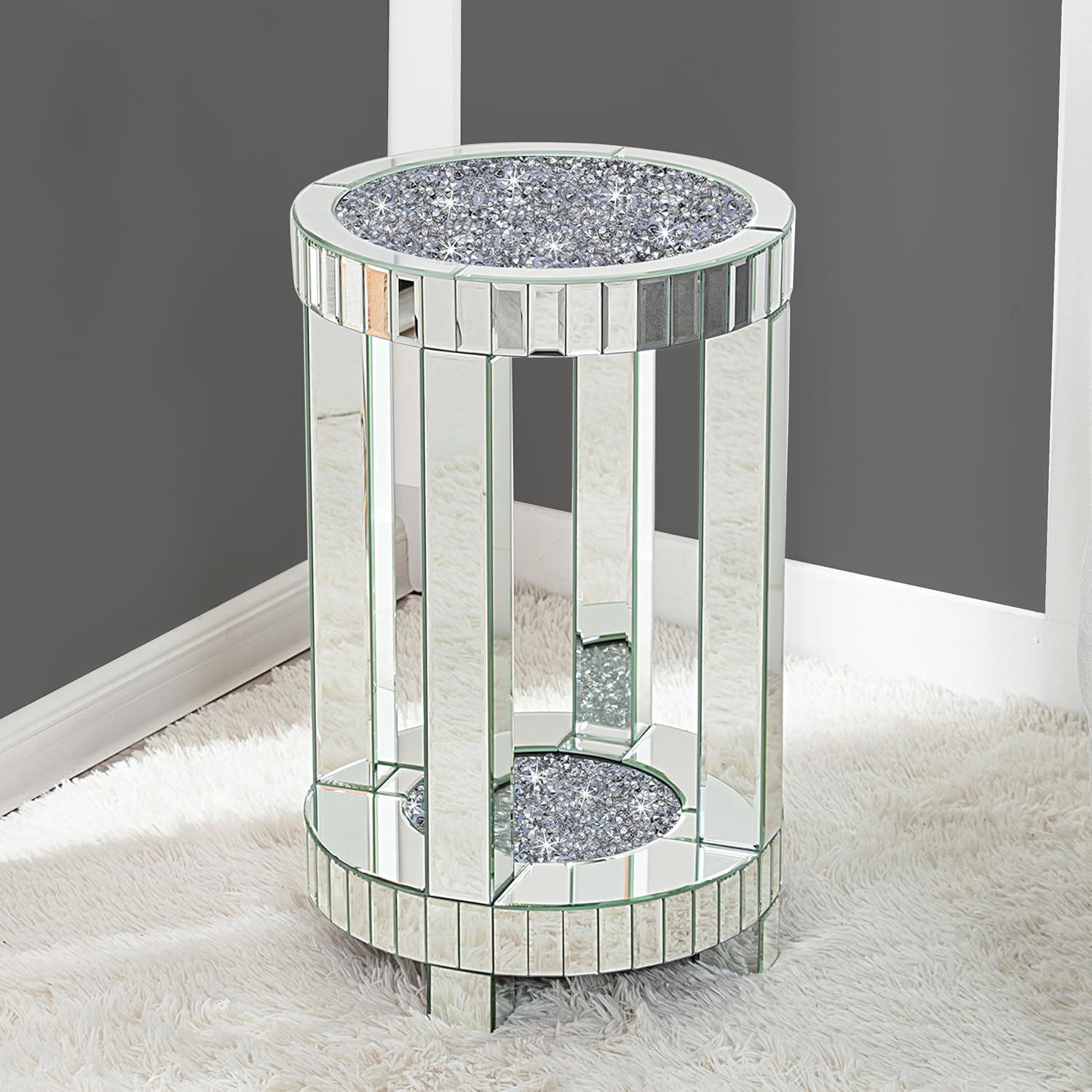 Mirrored End Table Round with Crystals Inlay, 2-Tier
