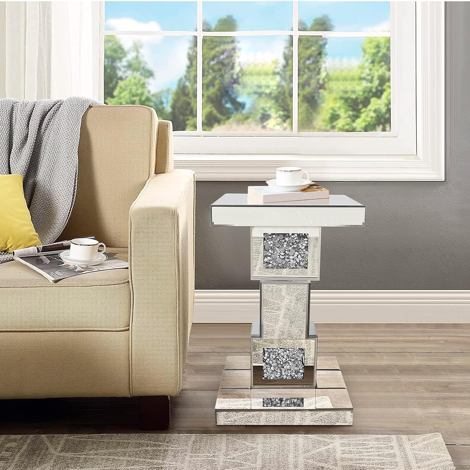 Silver Mirrored End Table With Crystal Inlay