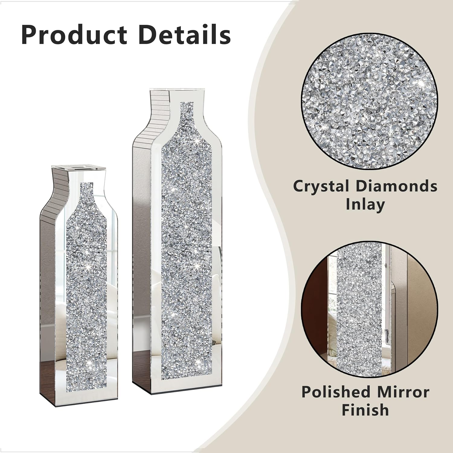 Flower Vase Crushed Diamond Mirrored For Table Planter Set of 2