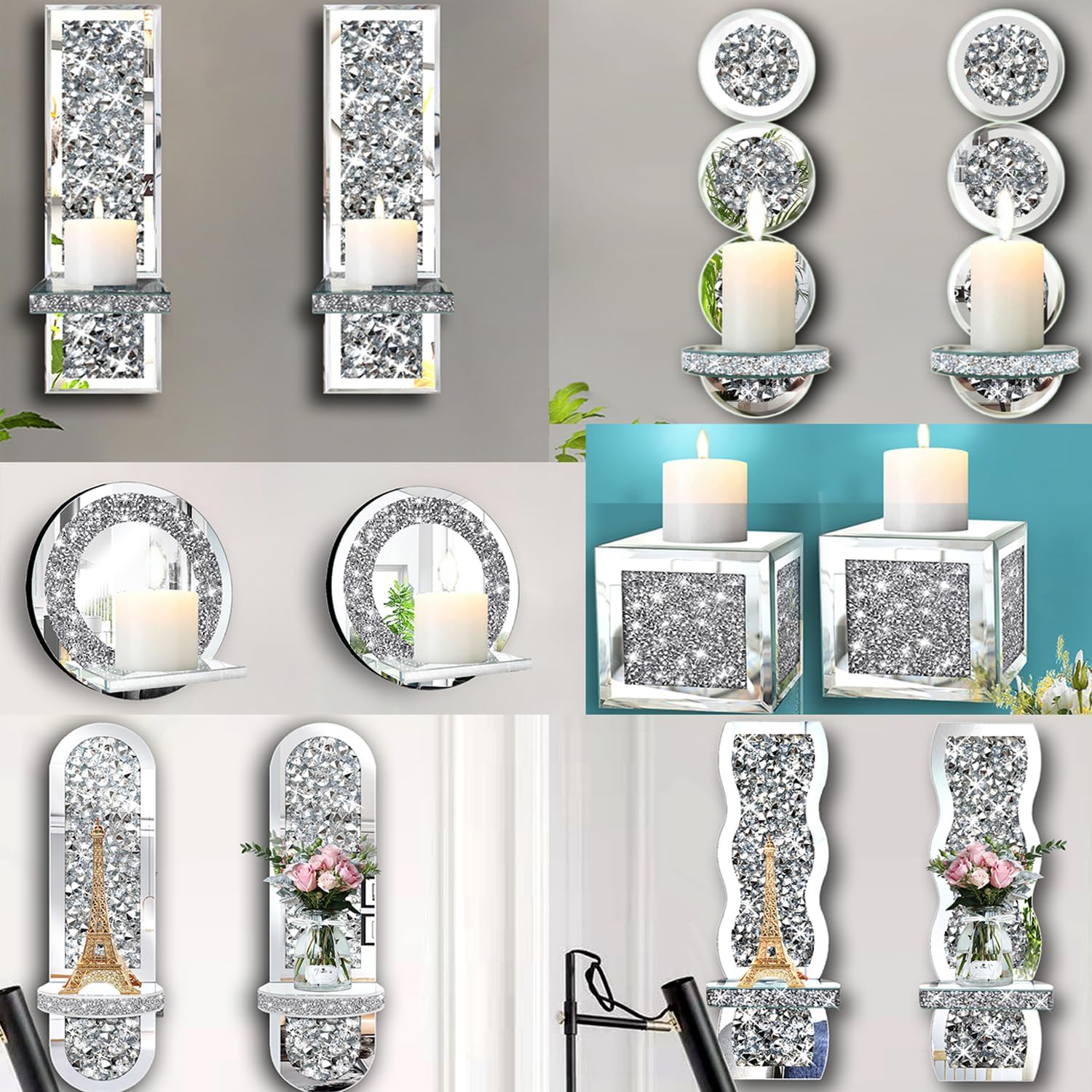 Crystal Round Diamond Wall Candle Holder Set of 2