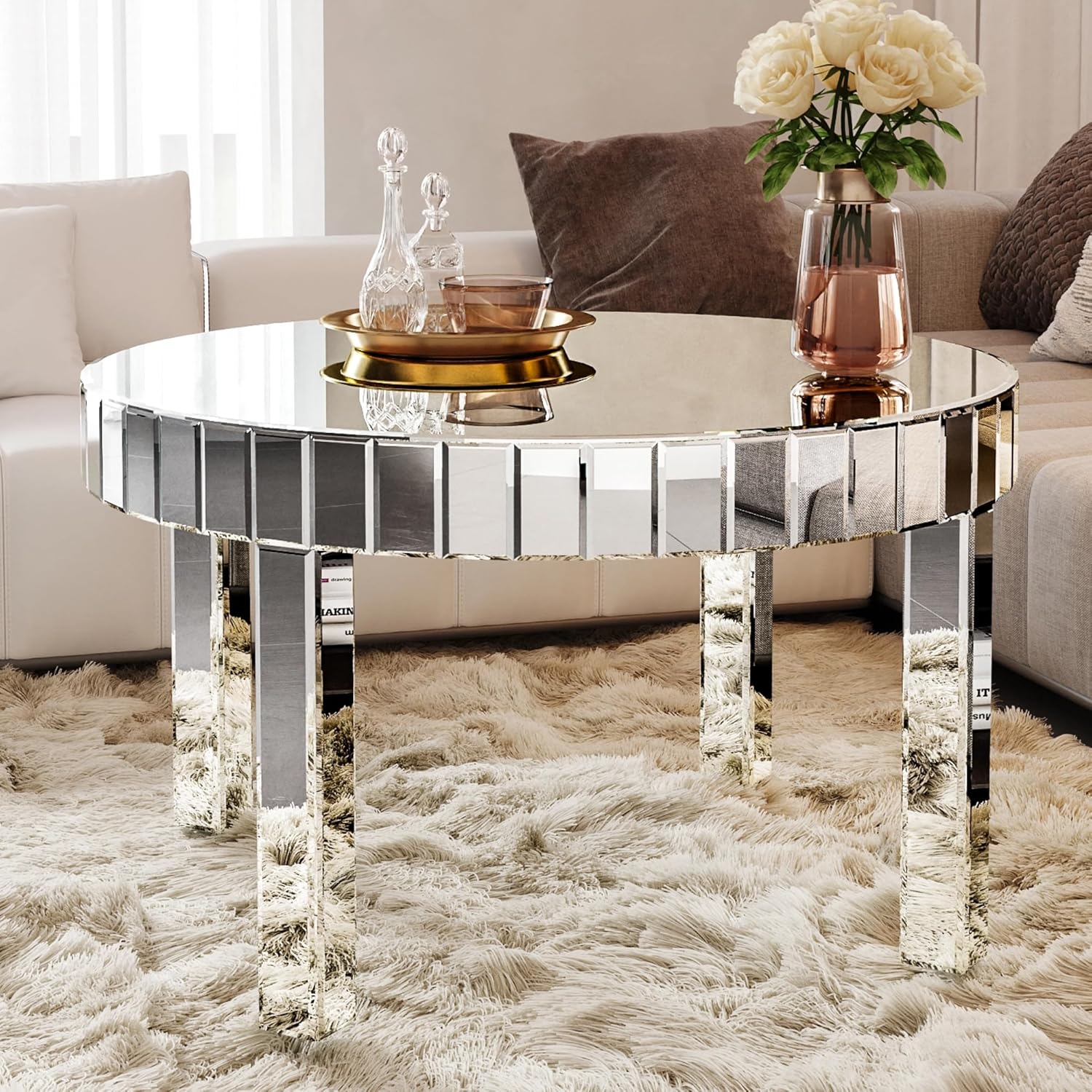 Silver Mirrored Coffee Table, 31.5" Round