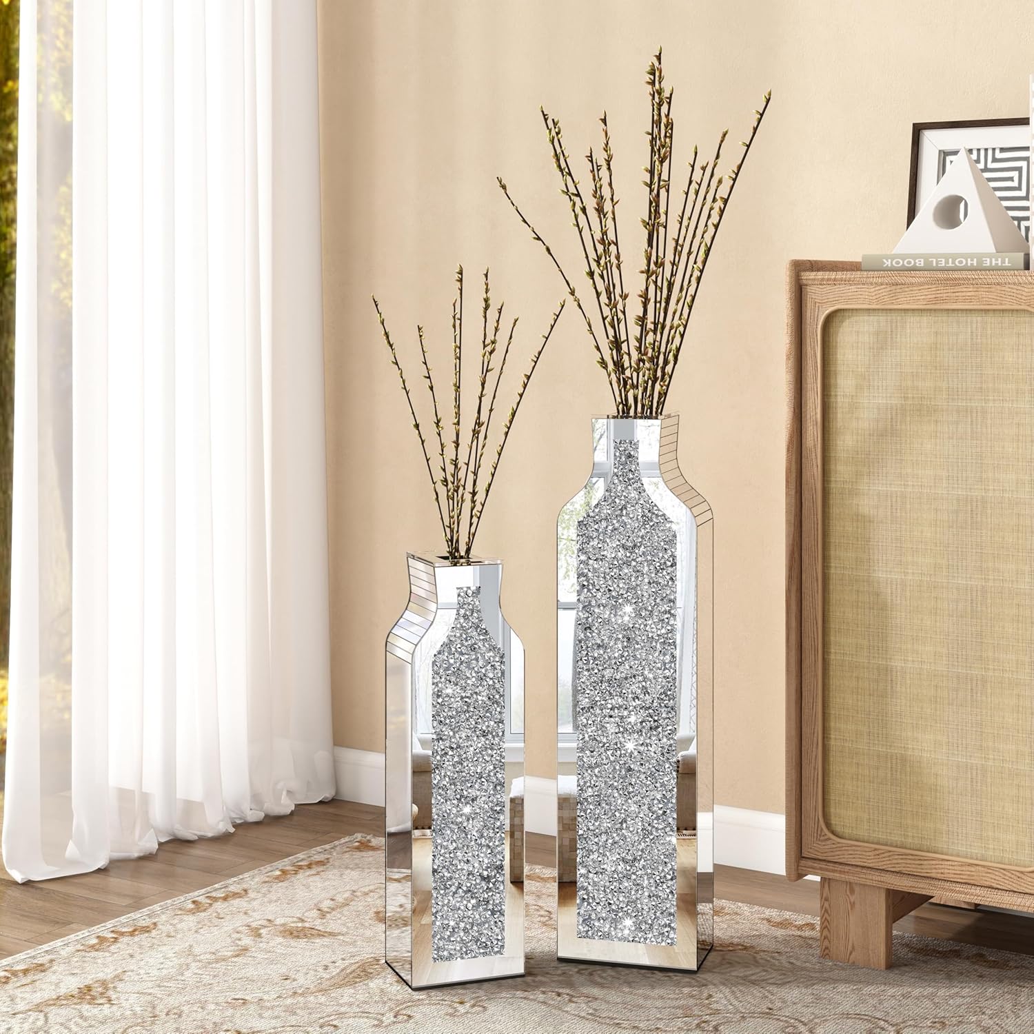 Flower Vase Crushed Diamond Mirrored For Table Planter Set of 2