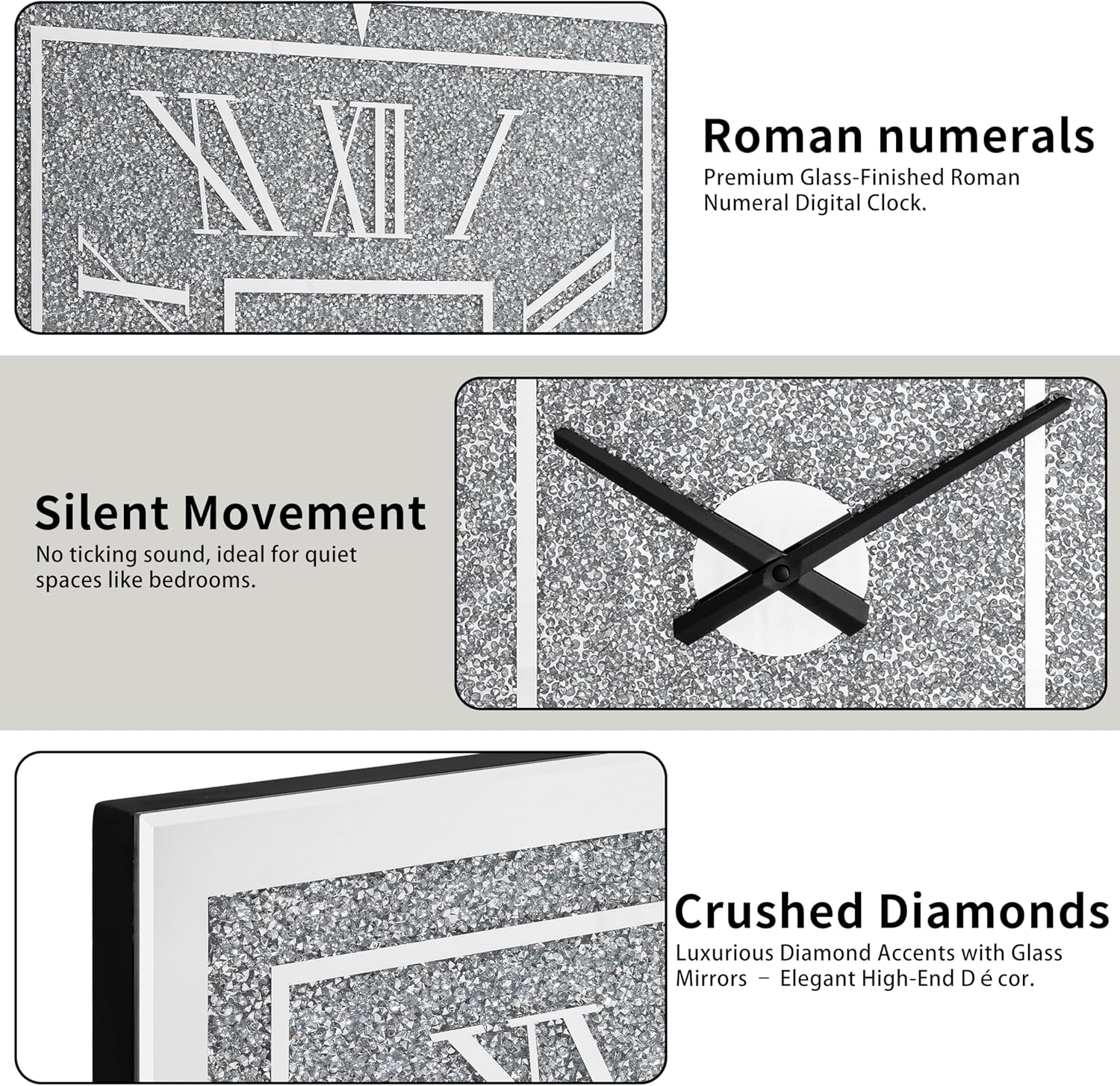 Square Crushed Diamond Mirrored Wall Clock 24inch