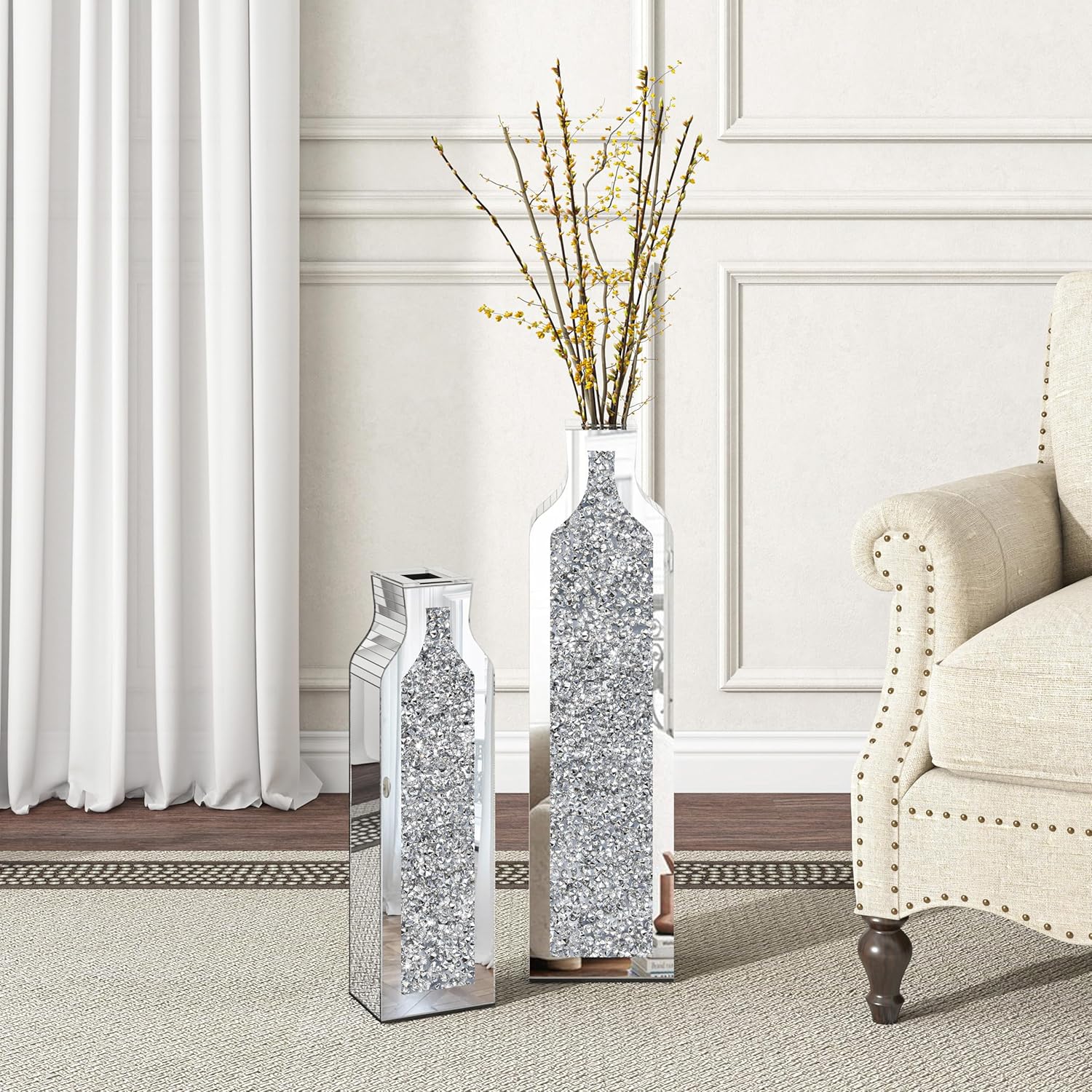 Flower Vase Crushed Diamond Mirrored For Table Planter Set of 2