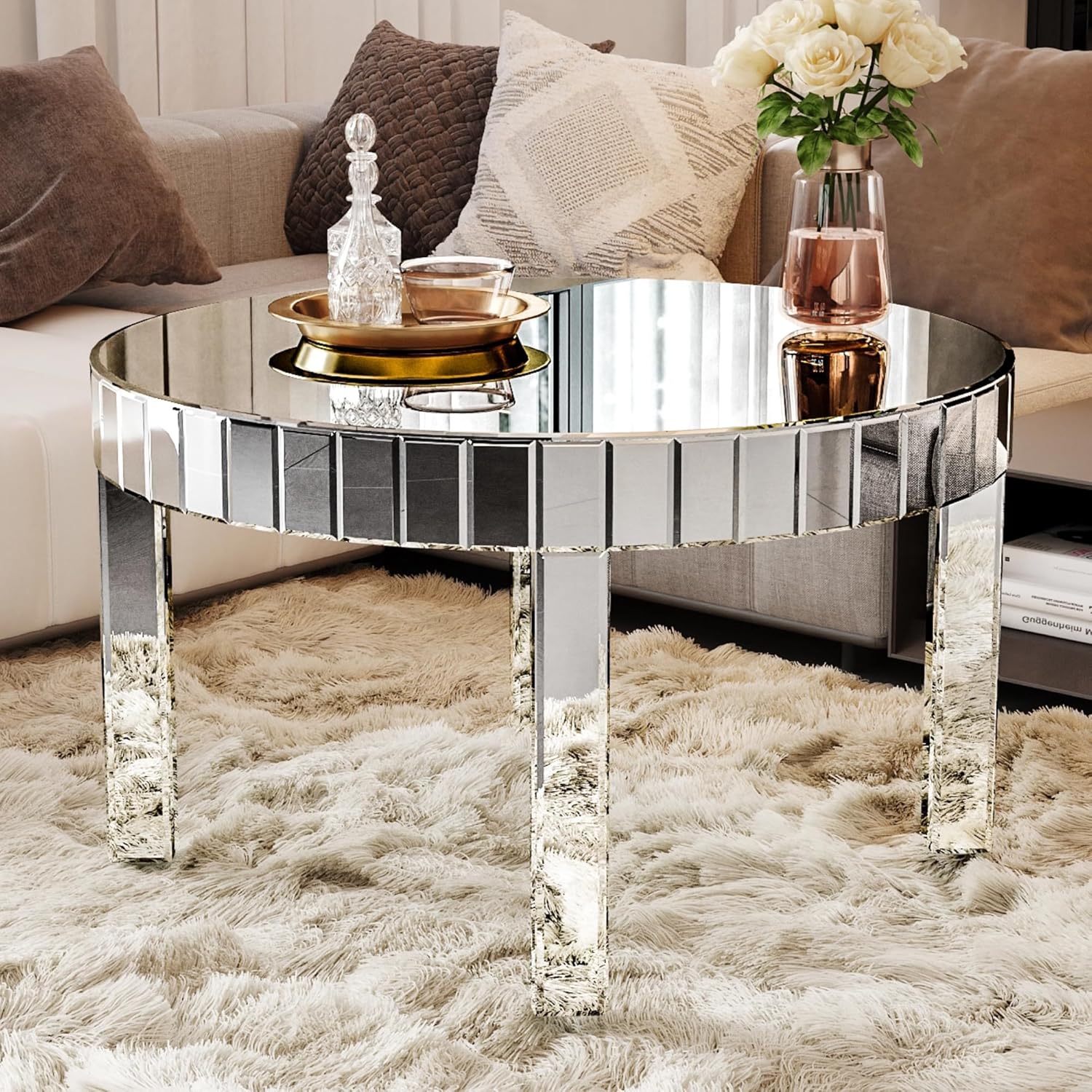 Silver Mirrored Coffee Table, 31.5" Round
