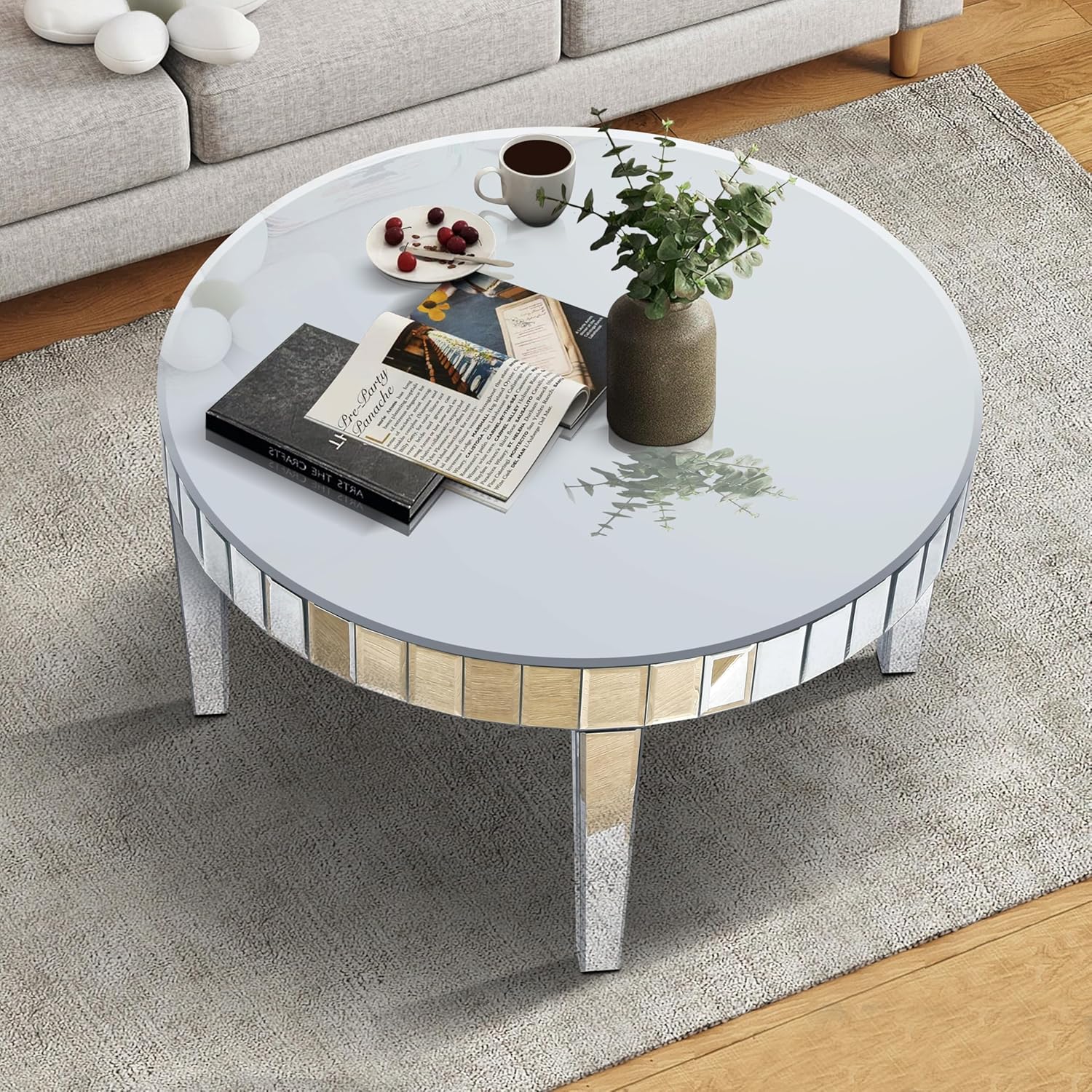 Silver Mirrored Coffee Table, 31.5" Round
