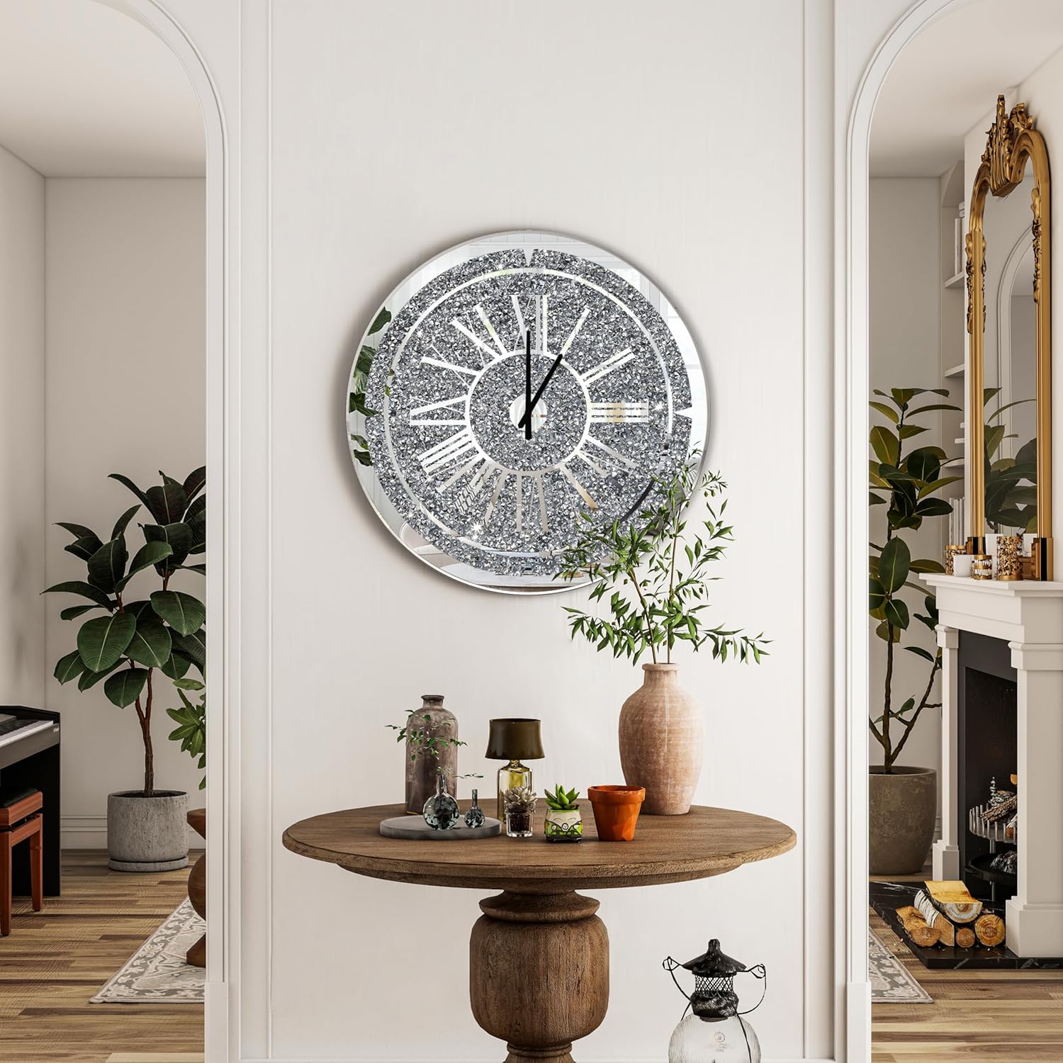 Round Crushed Diamond Mirrored Wall Clock 24inch