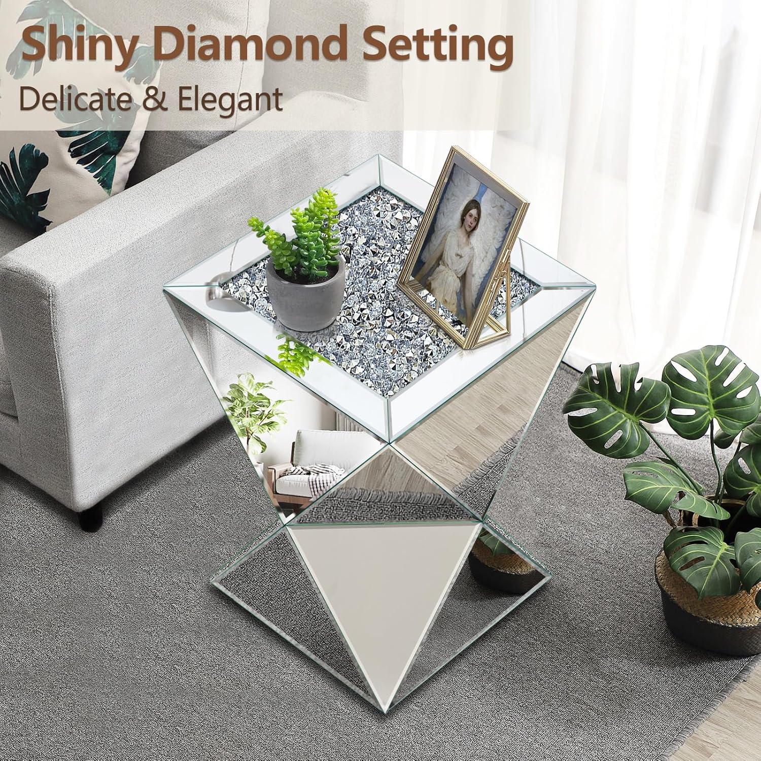 Pregaspor Sliver Mirrored End Table, Crushed Diamond Top Accent Side Table