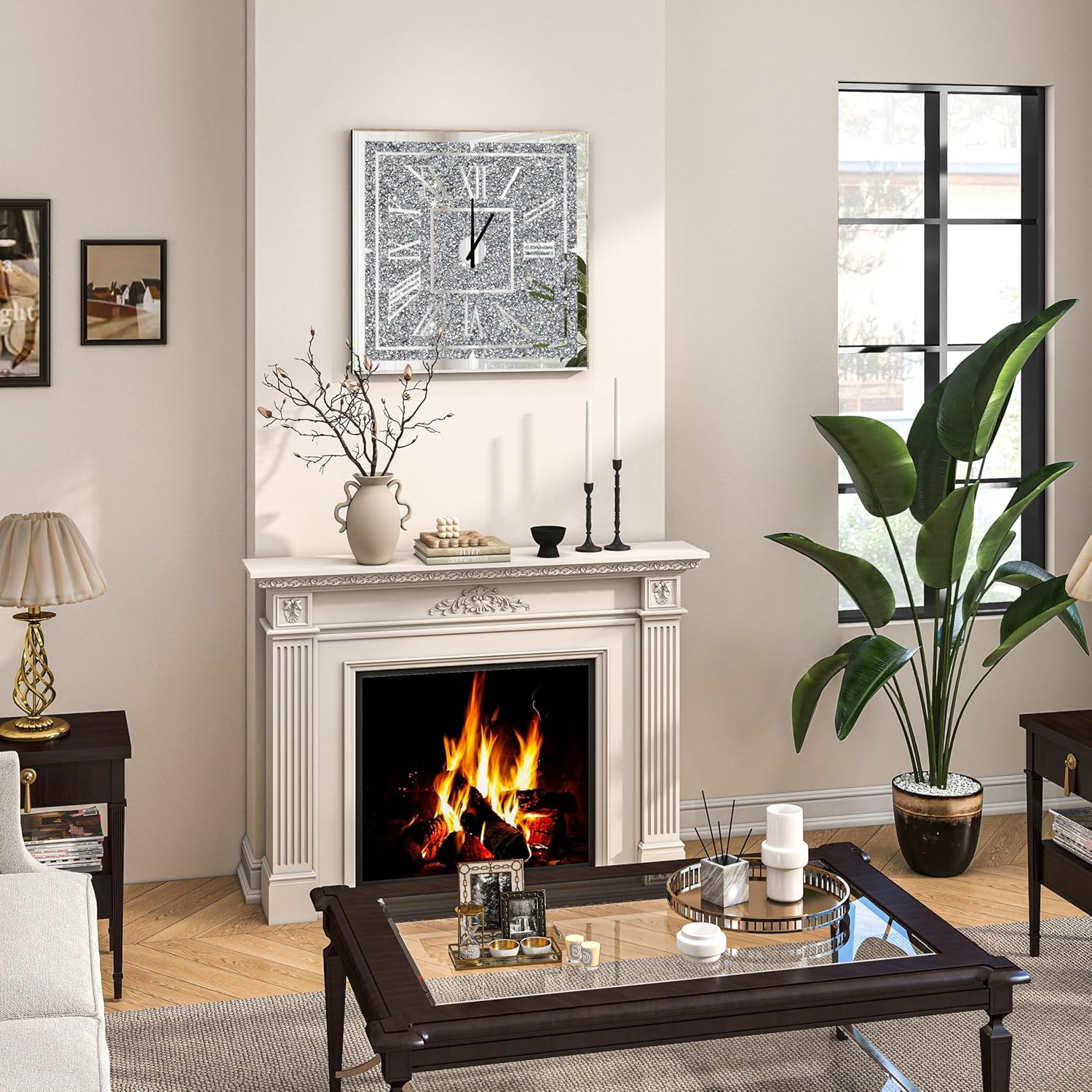 Square Crushed Diamond Mirrored Wall Clock 24inch