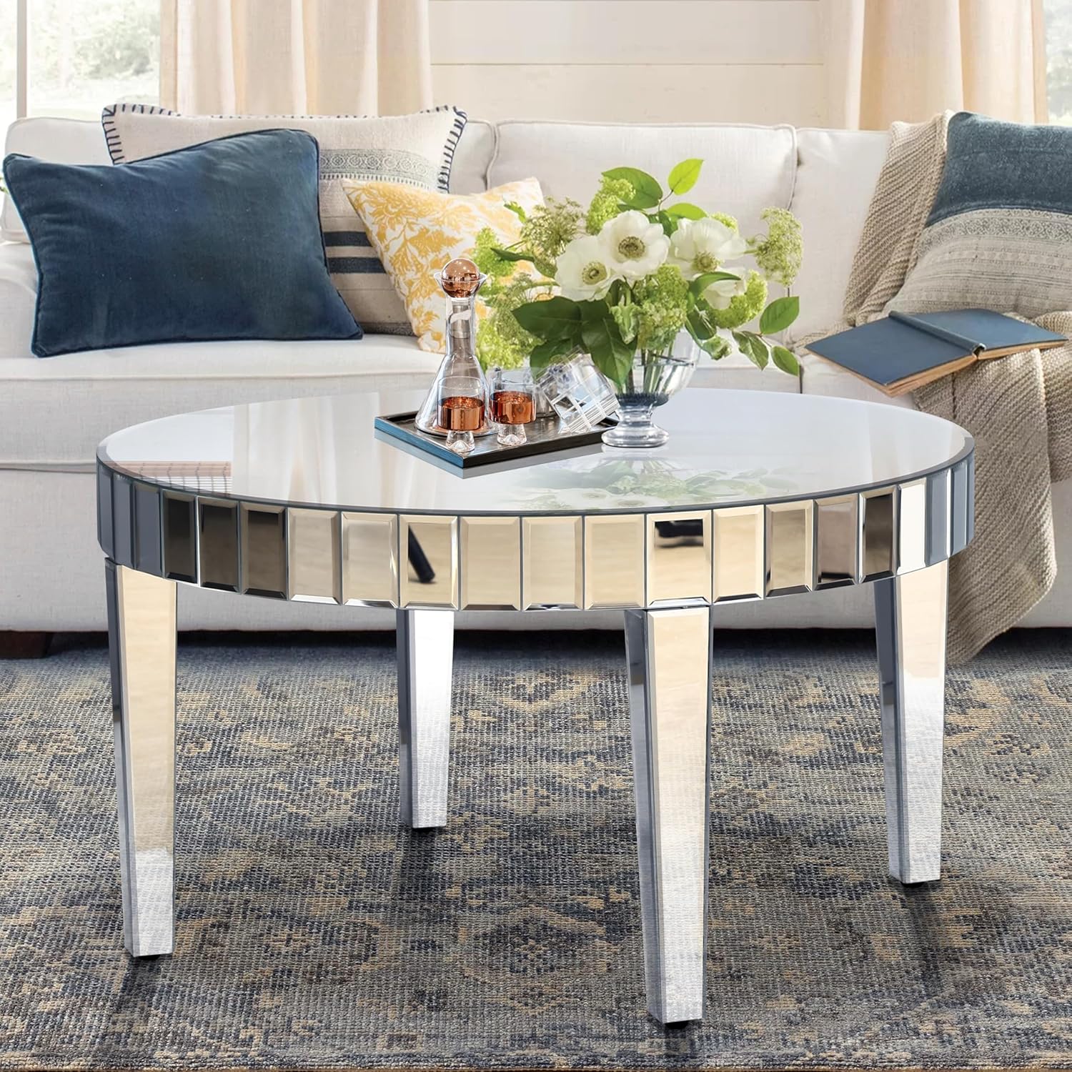 Silver Mirrored Coffee Table, 31.5" Round
