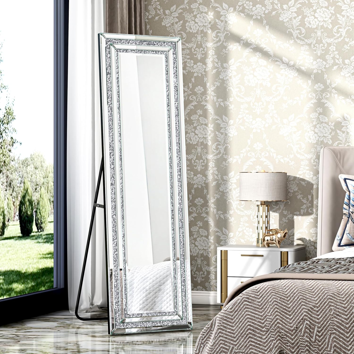 Modern Diamond Crush Framed Full-Length Standing Mirror