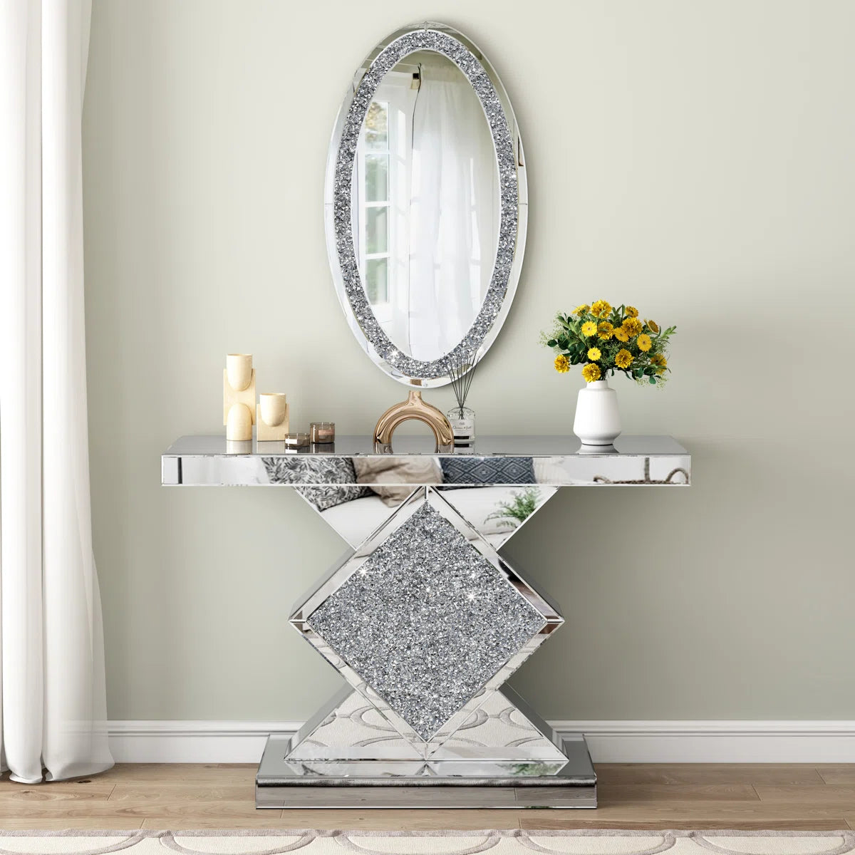 Diamond Crush Console Table and Wall Mirror Set
