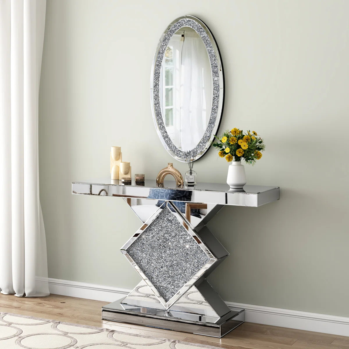 Diamond Crush Console Table and Wall Mirror Set