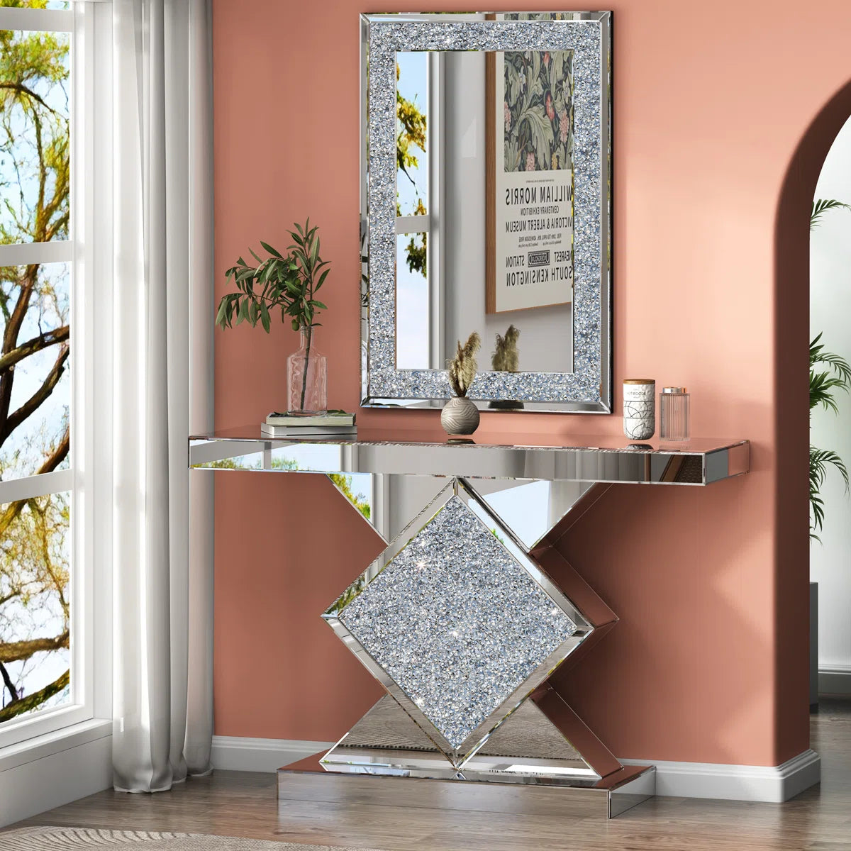 Diamond Crush Console Table and Wall Mirror Set