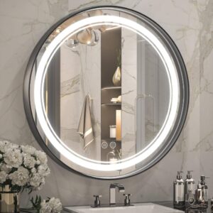 LED Black Framed Wall Round Mirror with Anti-Fog