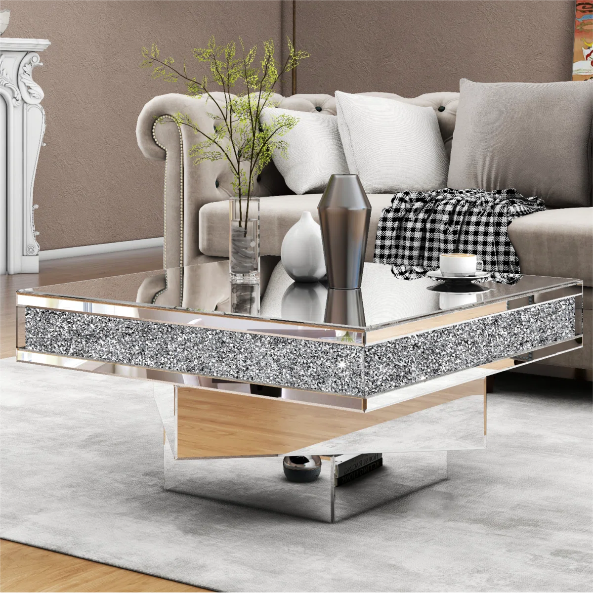 Square Diamond Crush Mirrored Coffee Table