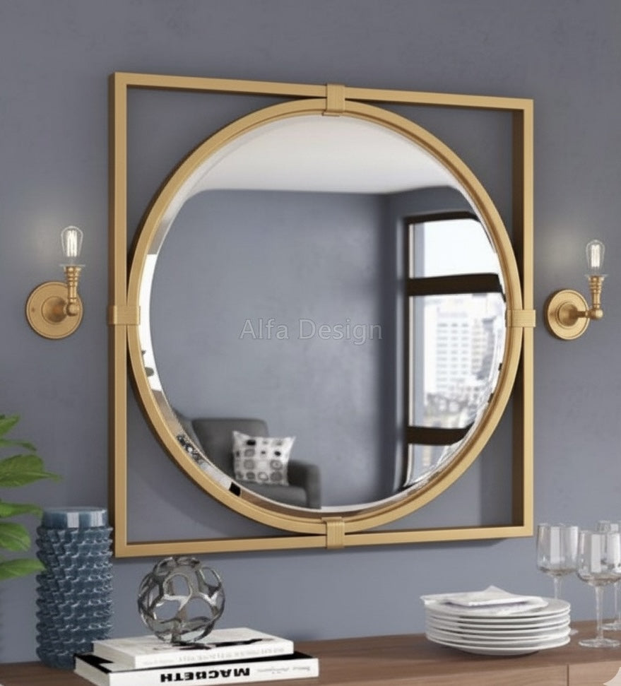Square Wood Framed Wall Mirror