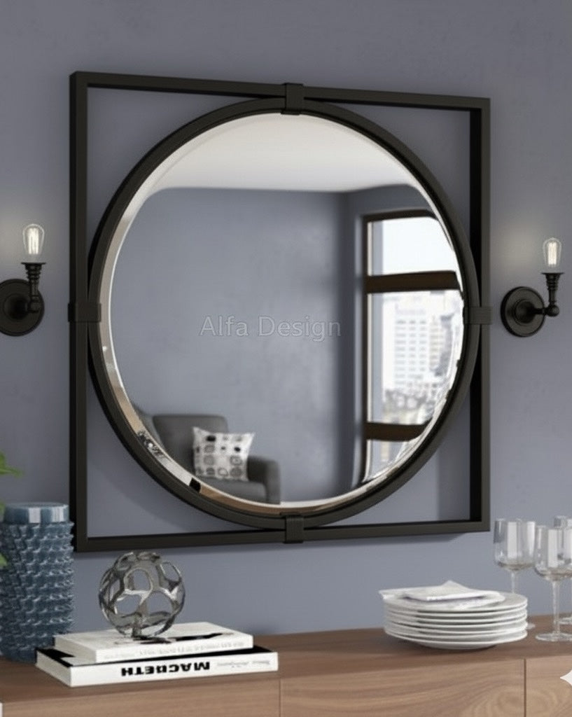 Square Wood Framed Wall Mirror
