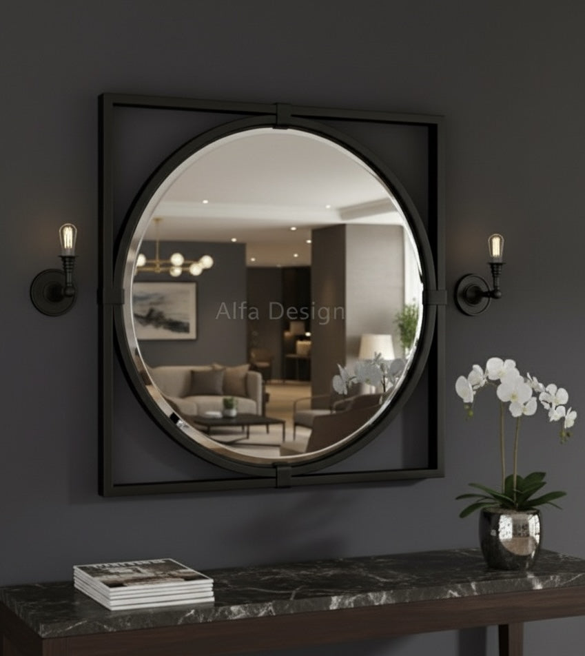 Square Wood Framed Wall Mirror