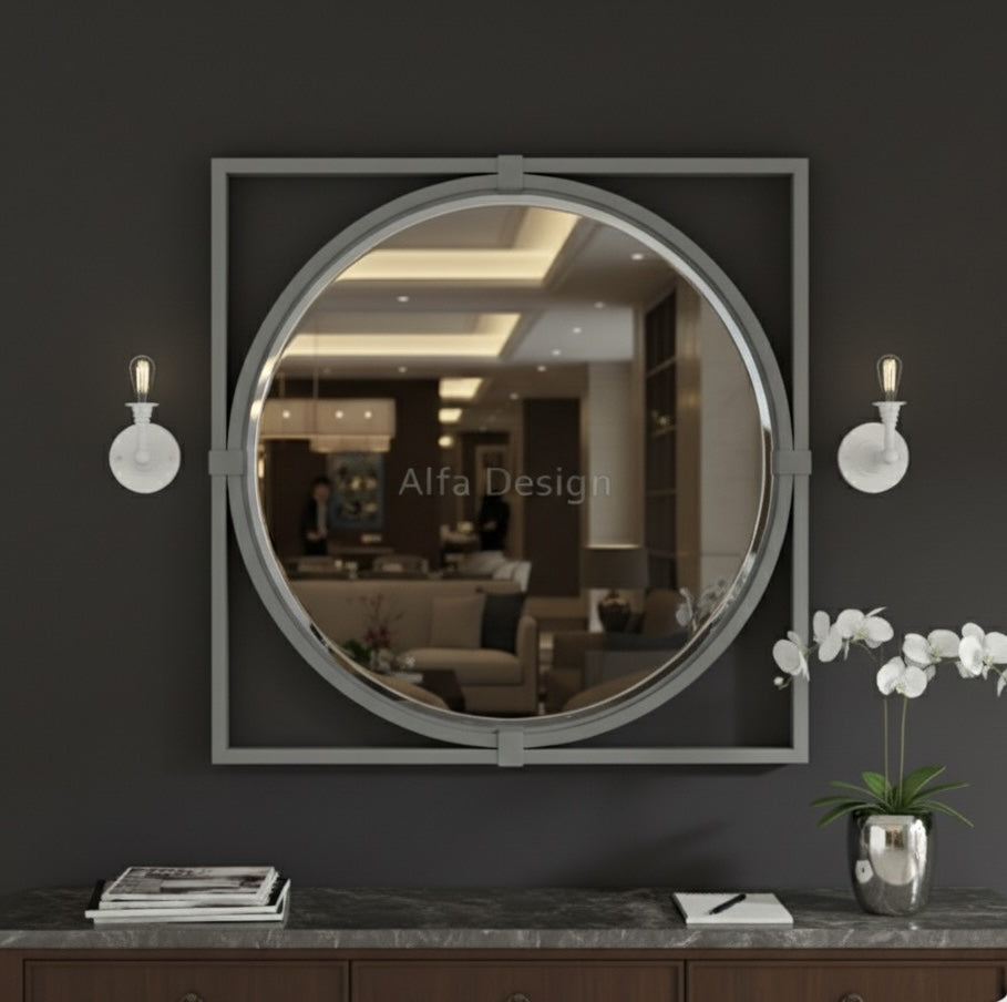 Square Wood Framed Wall Mirror