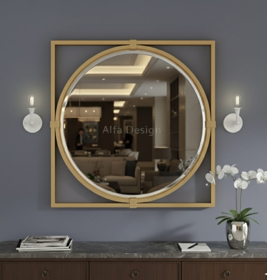 Square Wood Framed Wall Mirror