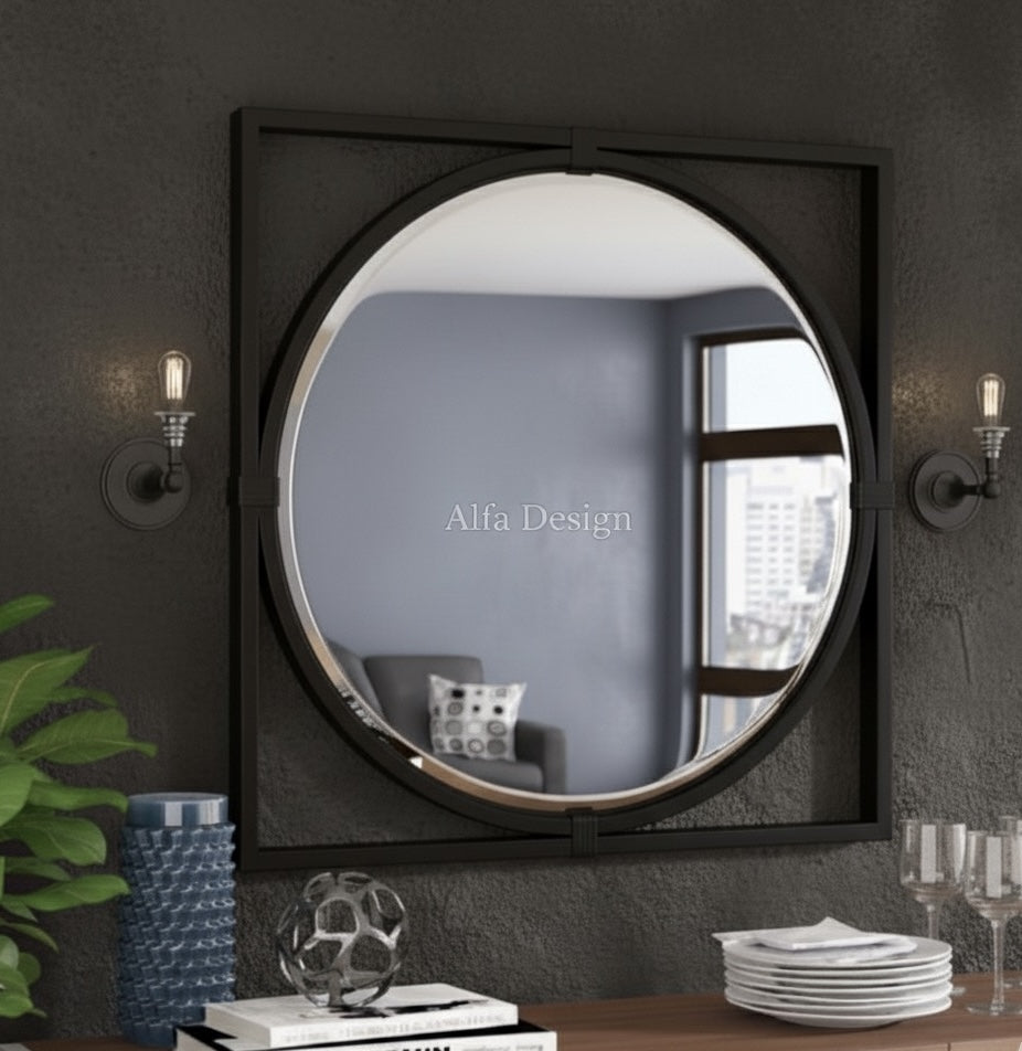 Square Wood Framed Wall Mirror