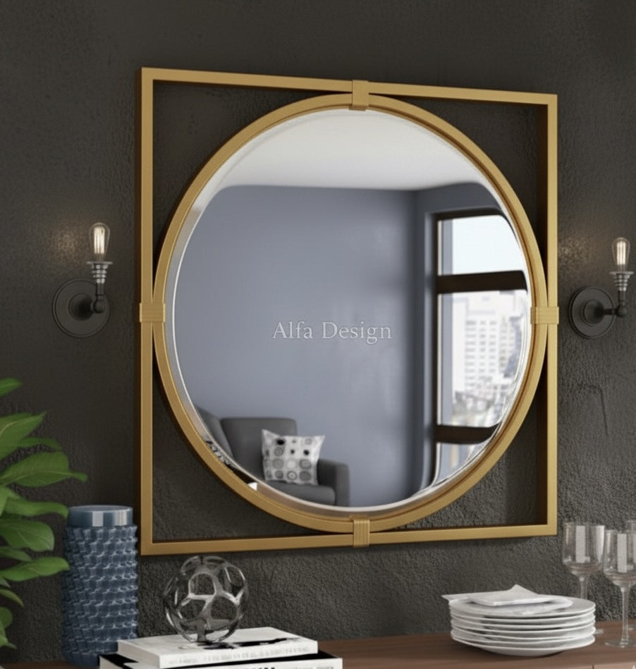 Square Wood Framed Wall Mirror