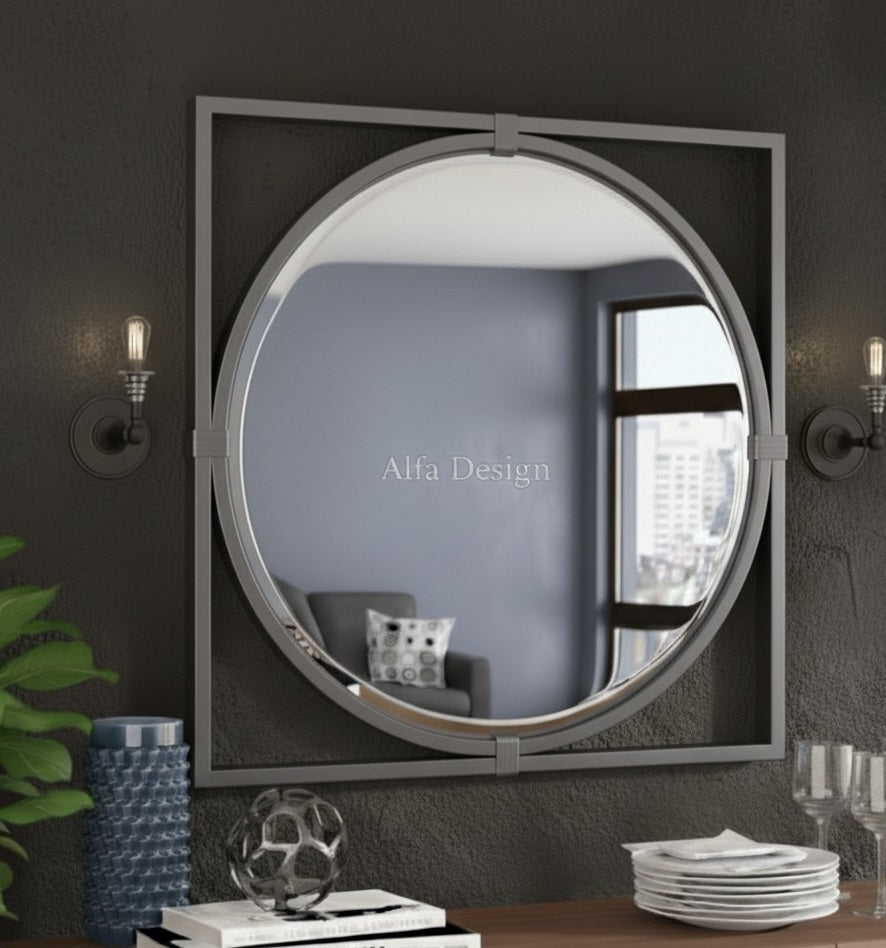 Square Wood Framed Wall Mirror