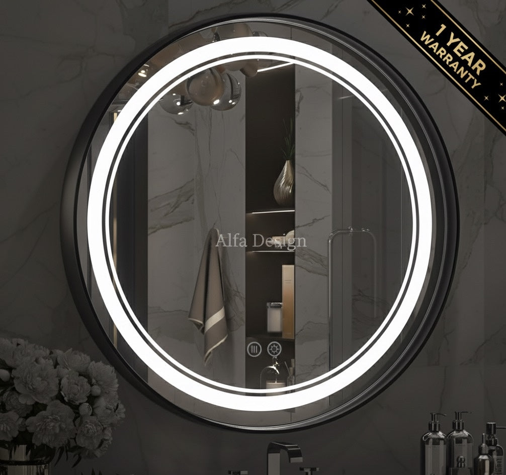 LED Black Framed Wall Round Mirror with Anti-Fog