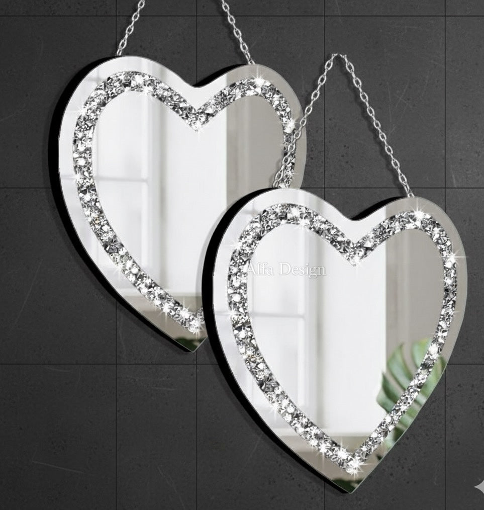 2 Piece Heart Mirrors, Crush Diamond Wall Décor 12x12 inch