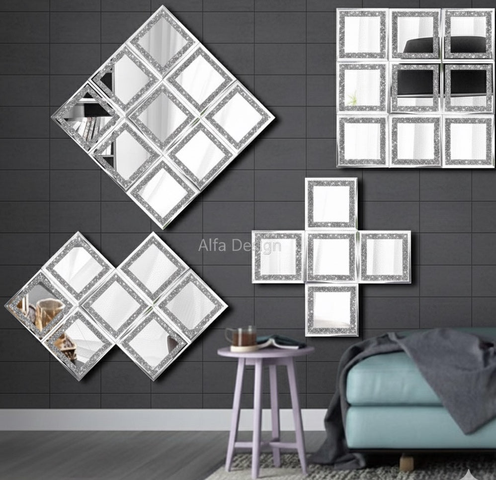 8 Pack Square Silver Diamond Glass Mirrors 6inch