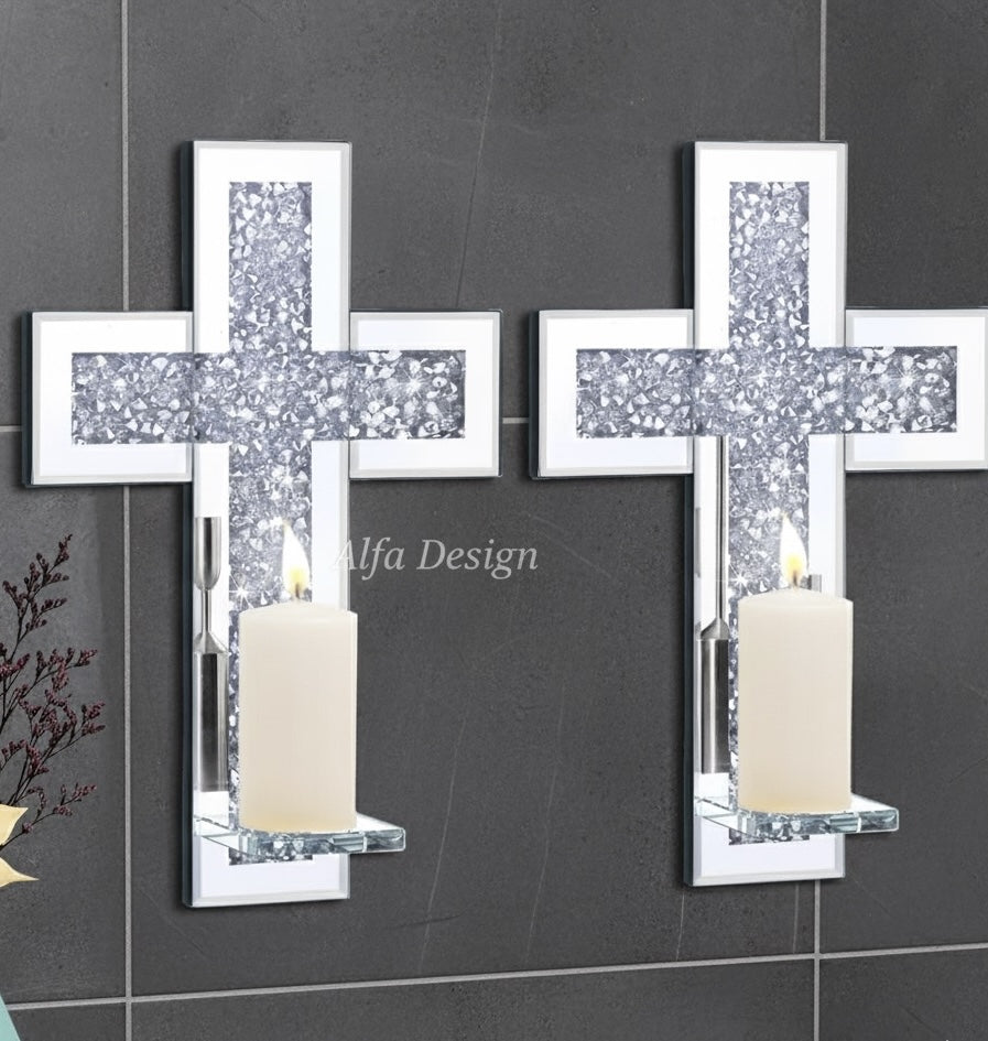 Crystal Cross Diamond Wall Candle Holder Set of 2