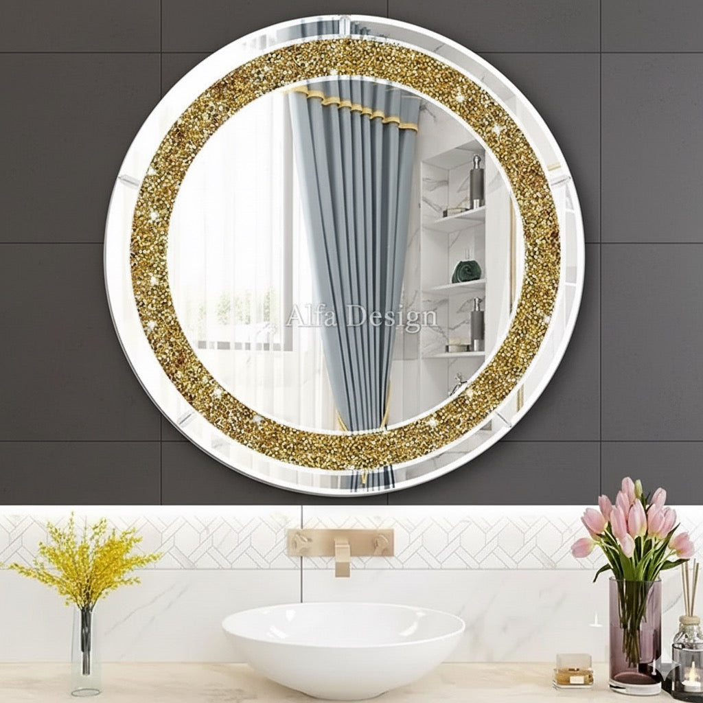 Gold Diamond Crush Crystal Round Wall Mirror