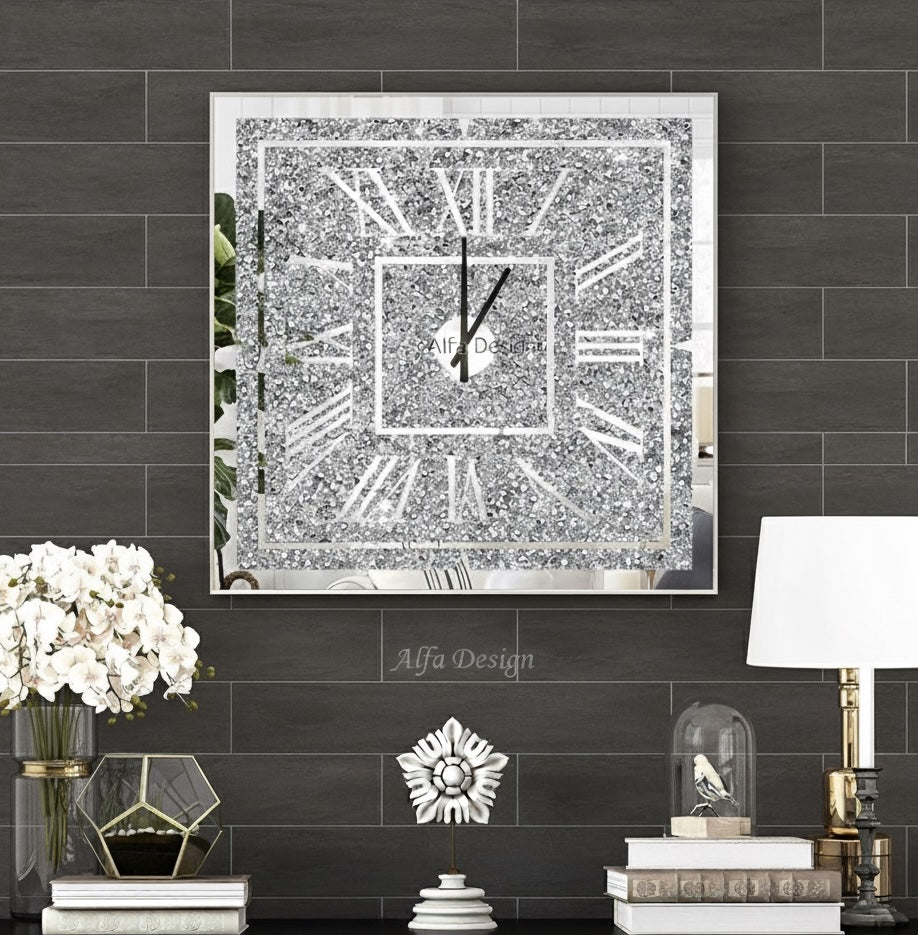 Square Crushed Diamond Mirrored Wall Clock 24inch