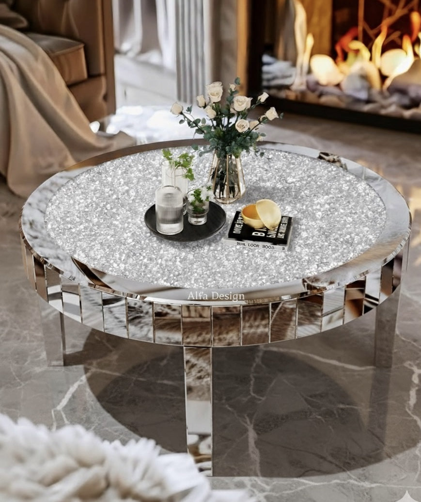 Round Mirrored Diamond Crush Coffee Table