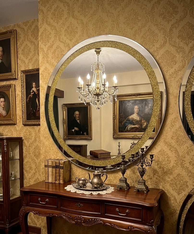 Gold Diamond Crush Crystal Round Wall Mirror